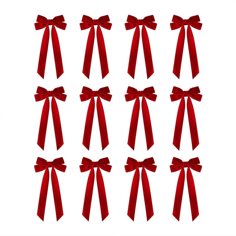 12 قطعة من bows المخملية الحمراء لشجرة عيد الميلاد، bows المخملية زينة معلقة لعيد الميلاد، bows شريط عيد الميلاد لتزيين شجرة عيد الميلاد، زينة حفلات العطلات - Image 1